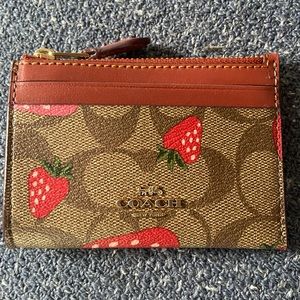 COACH Mini Skinny Id Case Signature Canvas With Wild Strawberry Print